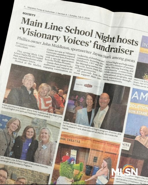 ✨ It’s #ThrowbackThursday! ✨

This recent feature in the Main Line Times has us reminiscing about our 10th Annual Visionary Voices fundraiser at Villanova University.

It was an unforgettable evening featuring Phillies Managing Partner & CEO John Middleton and Hall of Fame baseball writer Jayson Stark, bringing together supporters, lifelong learners, and community members in celebration of the power of education and community.

Moments like these remind us why we do what we do. Thank you to our sponsors, volunteers, supporters, and everyone who helped make this milestone event such a success. Your generosity helps Main Line School Night continue inspiring curiosity, fostering connection, and making lifelong learning accessible to our community.

Thank you for being part of our story. 💙 We’re already looking forward to what’s next!

Learn more about upcoming classes, events, and ways to get involved at mainlineschoolnight.org.
•
•
•
#mainlineschoolnight #lifelonglearning #villanovapa #mainlinepa
