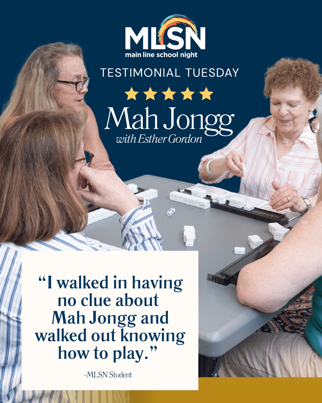 ⭐️ Testimonial Tuesday ⭐️

Trying something new is always more fun with a great instructor and a welcoming group!

From Mah Jongg and art to cooking, fitness, history and more, there’s always something new to discover at Main Line School Night.

Ready to find your next class? Visit mainlineschoolnight.org to explore what’s coming up at MLSN! 💙

#MainLineSchoolNight #TestimonialTuesday #MLSN #LifelongLearning #MainLinePA
